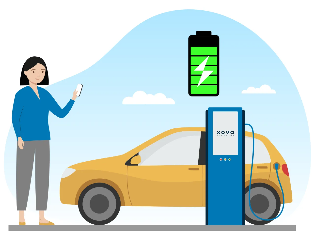 a illustration of lady with her EV while Xova charger charging his car