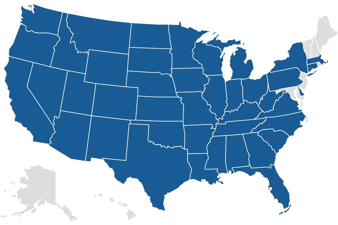 a USA state map where Xova Charging offers EV Charging solutions